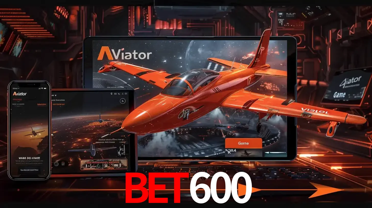 Apresentação tecnológica do jogo Aviator com um avião saindo da tela de um tablet, demonstrando a experiência imersiva em múltiplos dispositivos no BET600.