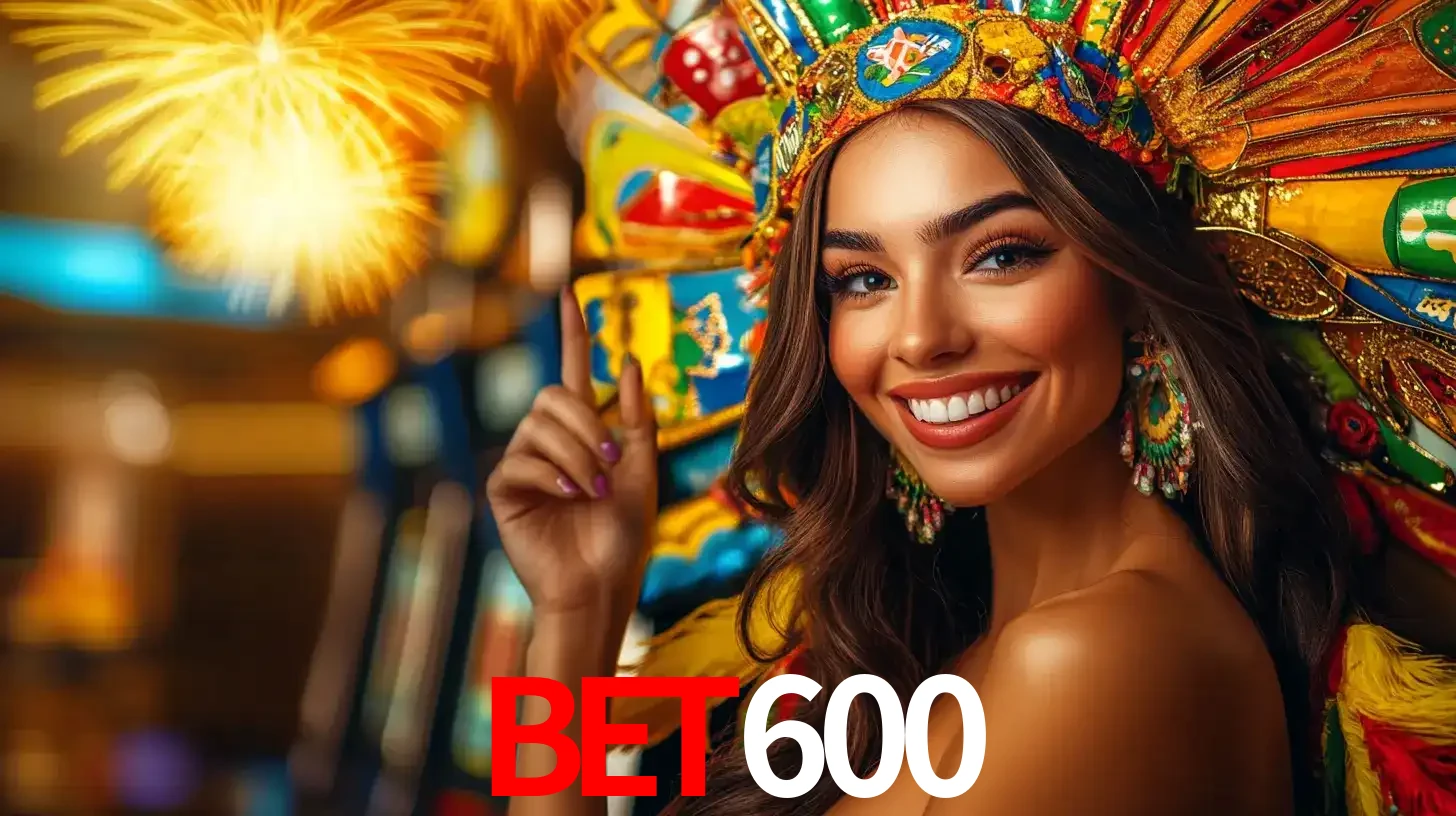 Mulher sorridente com um cocar de carnaval vibrante e colorido, celebrando uma grande vitória nos jogos do cassino BET600 com fogos de artifício ao fundo.