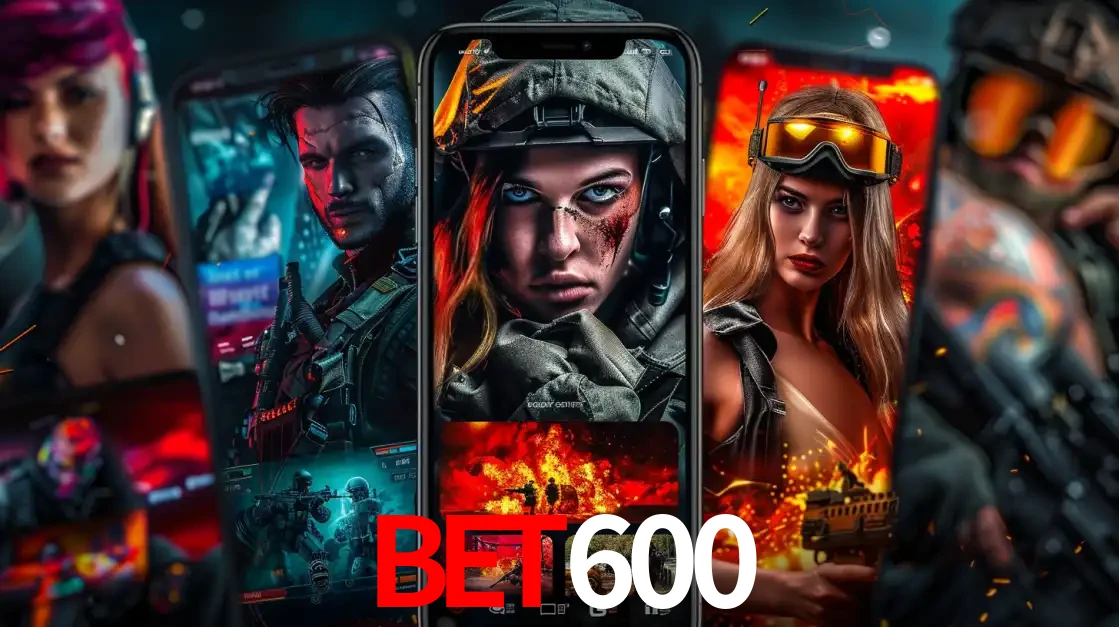 Montagem de telas de celular mostrando diversos personagens, masculinos e femininos, de um jogo de tiro, ilustrando a diversidade de equipes de e-sports para apostar no BET600.