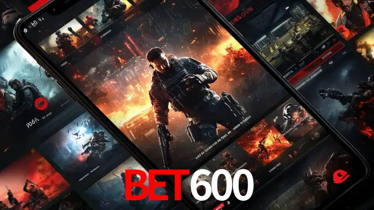Tela de um celular exibindo uma galeria de jogos de tiro com temática militar, mostrando a variedade de e-sports disponíveis para apostas na plataforma de entretenimento BET600.