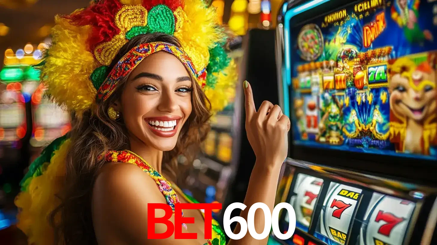 Mulher animada com um cocar de carnaval apontando para uma máquina de caça-níqueis, mostrando a emoção de ganhar um grande prêmio nos jogos do BET600.