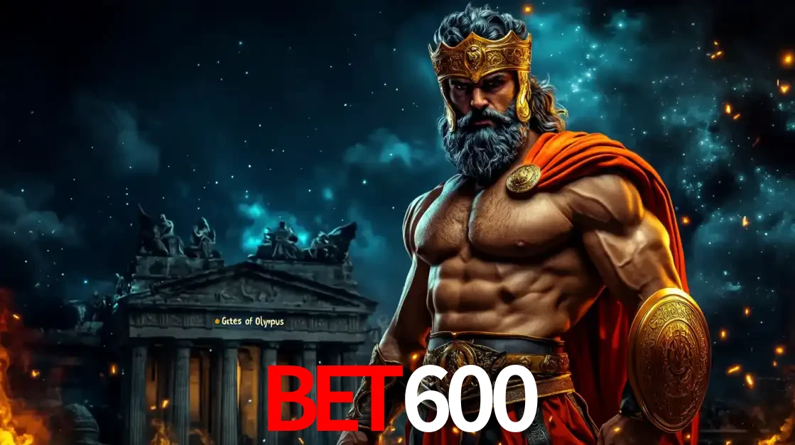 O poderoso Zeus do jogo de slot Gates of Olympus em frente ao seu templo, pronto para lançar multiplicadores divinos e prêmios épicos no cassino online BET600.