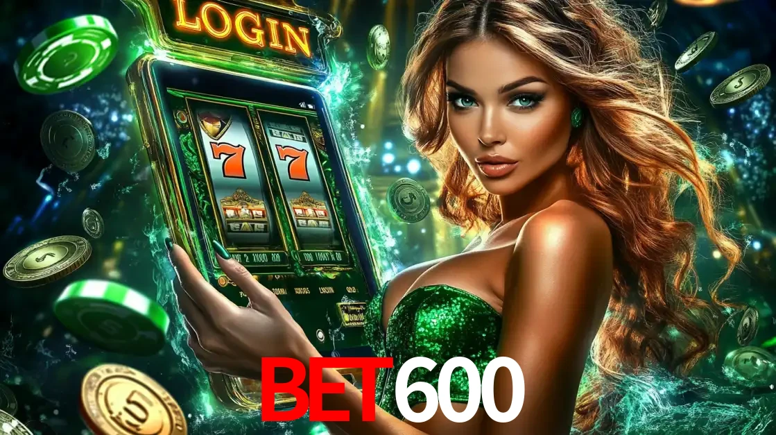 Mulher com tema verde apresentando o aplicativo do cassino BET600 com um jogo de slot de 777, cercada por fichas de cassino e uma aura de sorte.