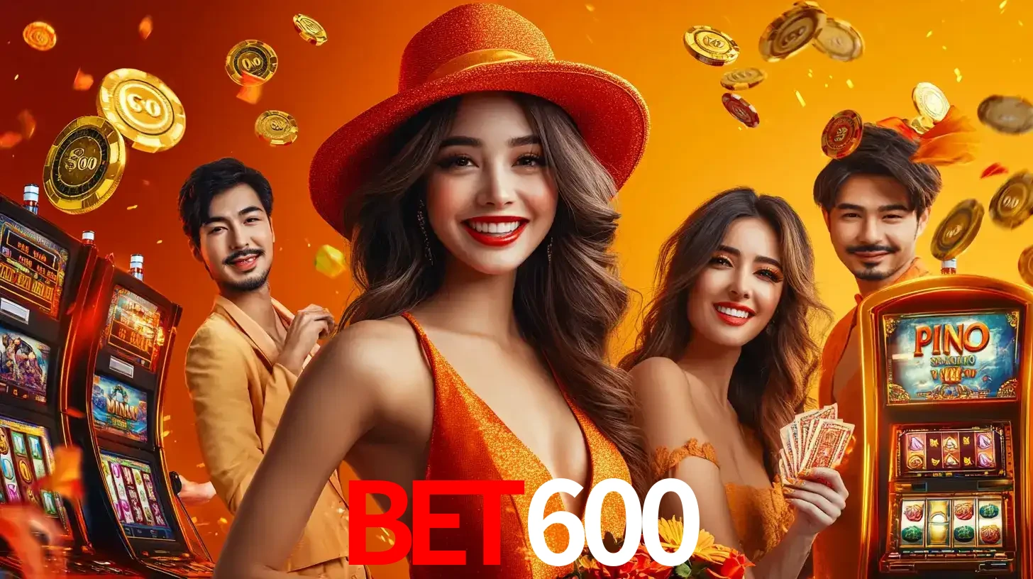 Grupo de amigos asiáticos sorrindo e se divertindo com máquinas de caça-níqueis em um ambiente festivo, celebrando suas vitórias nos jogos de cassino do BET600.