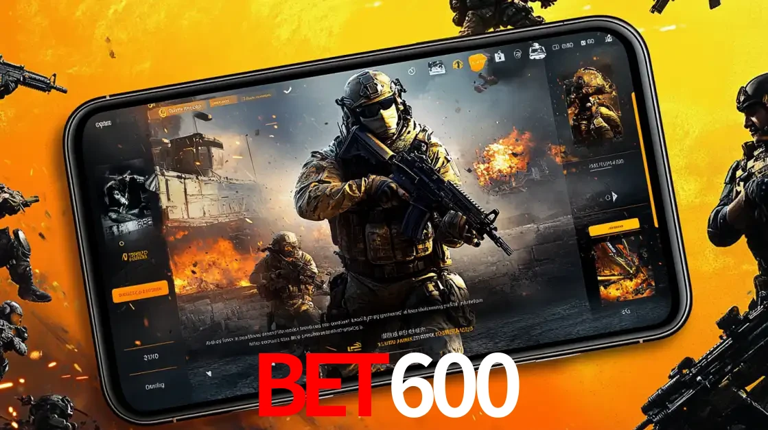 Um smartphone exibindo a interface de um jogo de tiro em primeira pessoa, com um soldado em um cenário de batalha, representando a ação dos e-sports para apostar no BET600.