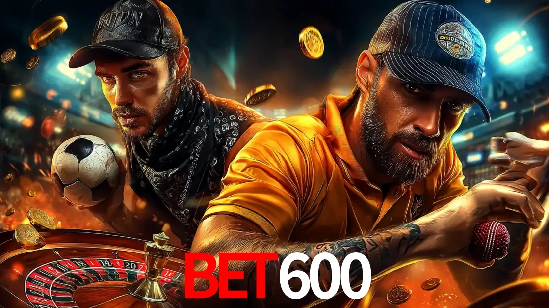 Montagem de apostas esportivas e cassino no BET600, com um homem segurando uma bola de futebol e outro uma de beisebol sobre uma roleta e moedas voadoras.