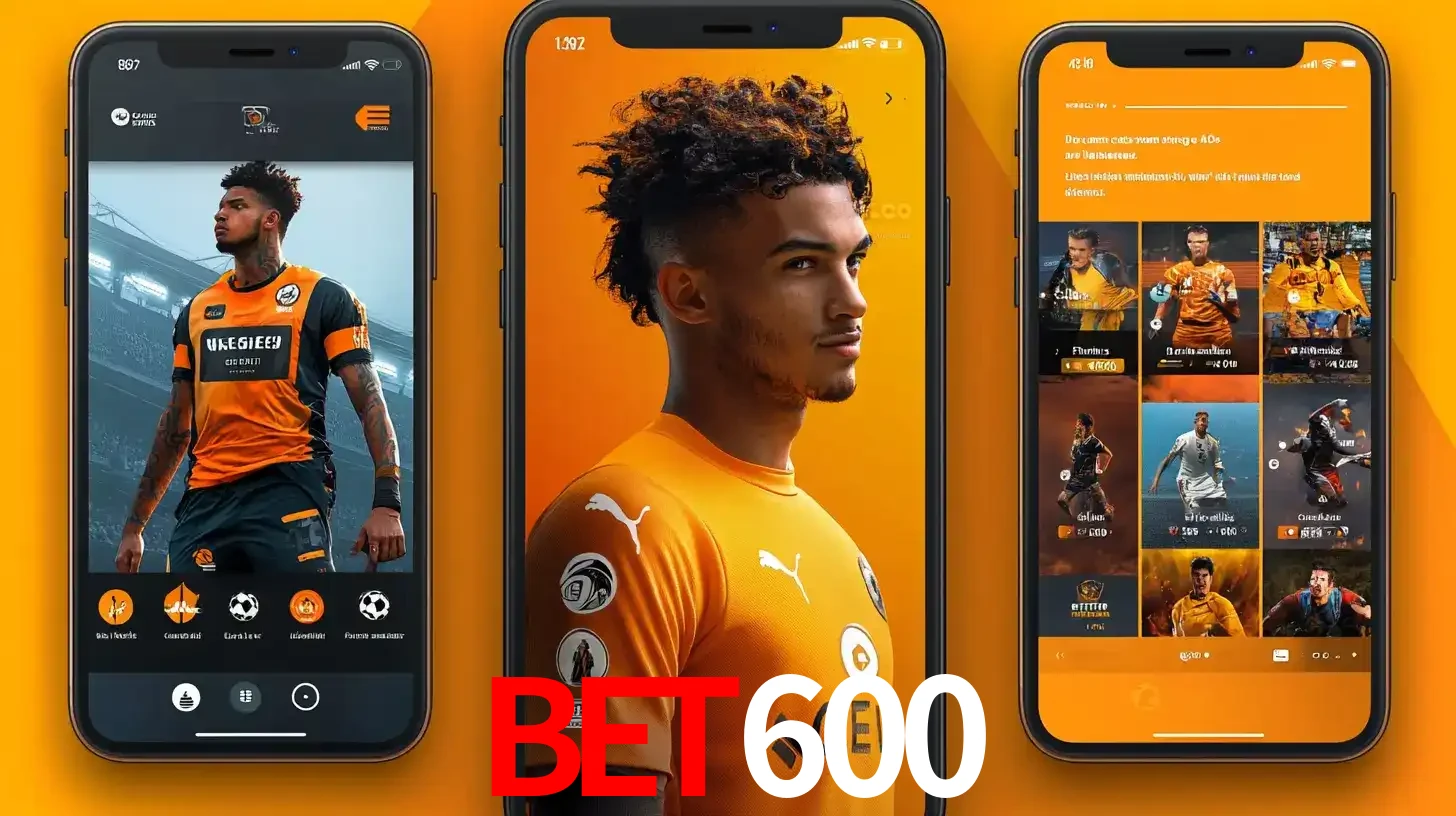 Interface do aplicativo de apostas esportivas BET600 em três telas de celular, mostrando o perfil de um jogador de futebol e a lista de jogos disponíveis para apostar.