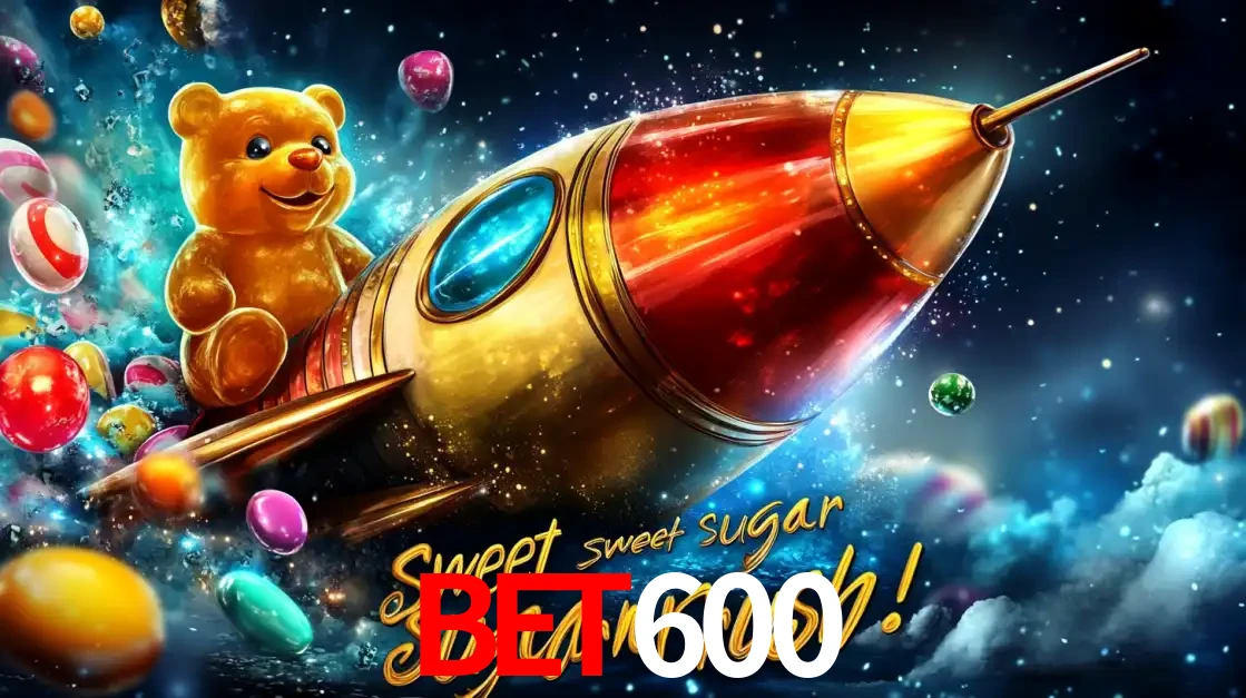 Arte promocional do jogo de slot Sugar Rush, com um urso de pelúcia em um foguete viajando pelo espaço de doces, um dos jogos divertidos disponíveis no cassino BET600.