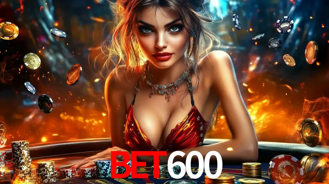 Mulher em uma mesa de cassino com pilhas de fichas e um fundo de fogo, pronta para uma rodada de altas apostas nos jogos de mesa emocionantes do cassino BET600.