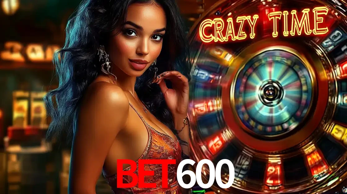 Mulher elegante ao lado da vibrante roda da fortuna do jogo de cassino ao vivo Crazy Time, um dos game shows mais populares e cheios de prêmios do BET600.