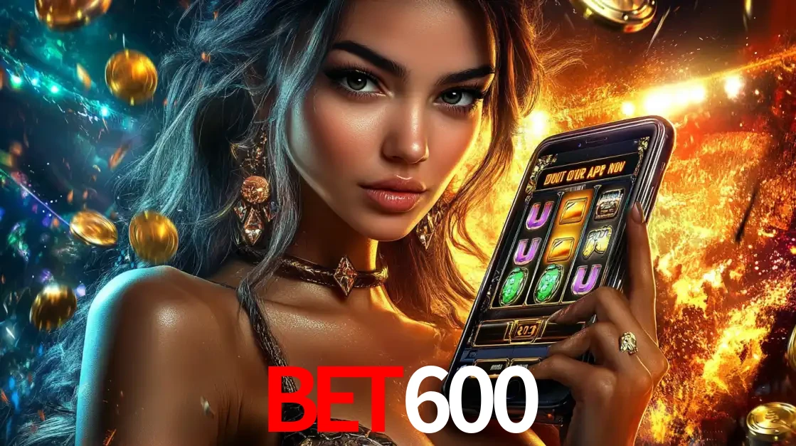 Mulher elegante mostrando um jogo de caça-níqueis em seu smartphone, destacando a experiência de cassino móvel oferecida pelo aplicativo BET600.