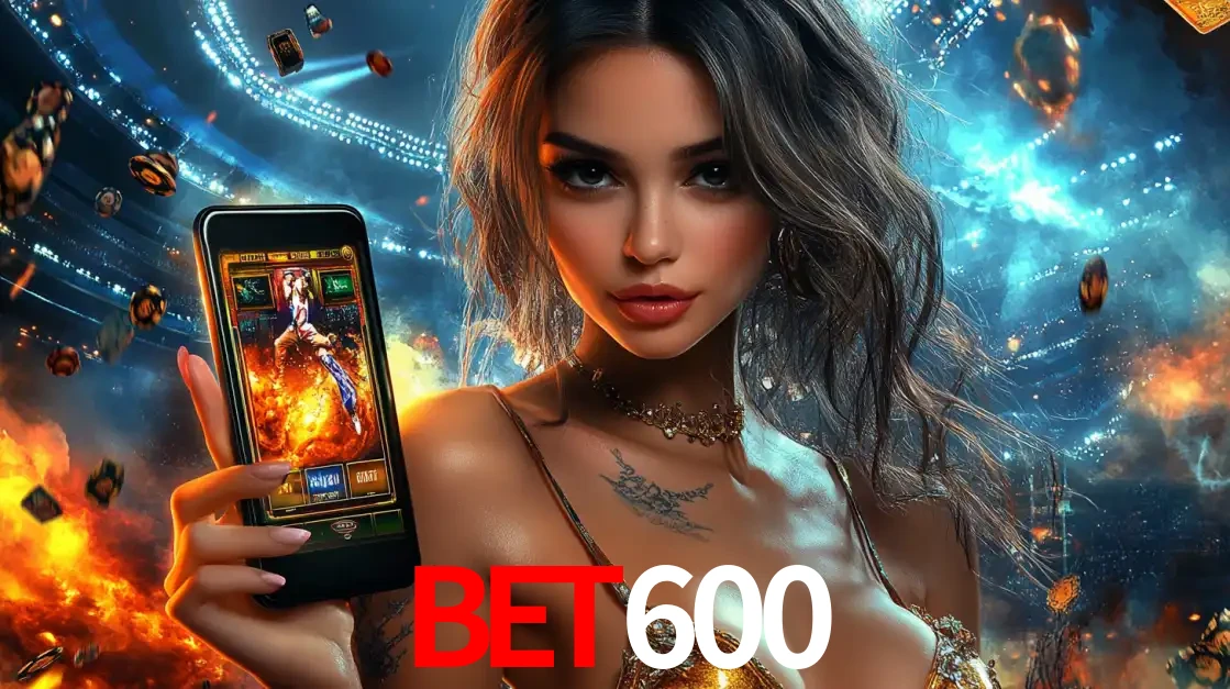 Mulher segurando um celular com um jogo de slot em destaque, tendo como fundo um estádio vibrante, simbolizando a emoção de jogar no cassino móvel BET600.